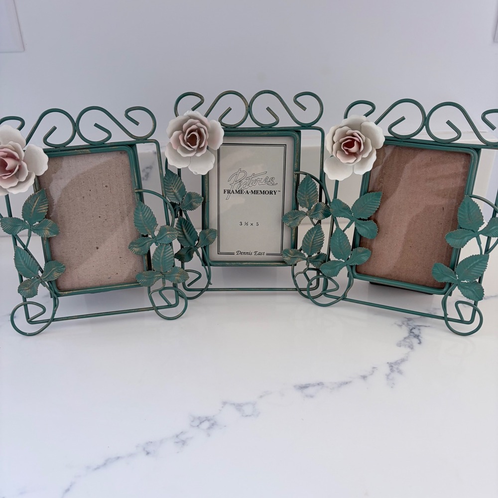 Vintage 1997 Dennis East Metal Rose Picture Frames Set of 3 Teal Cottagecore 3x5